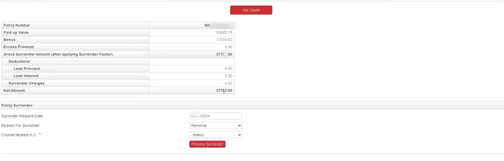 pli surreder value online calculatiion