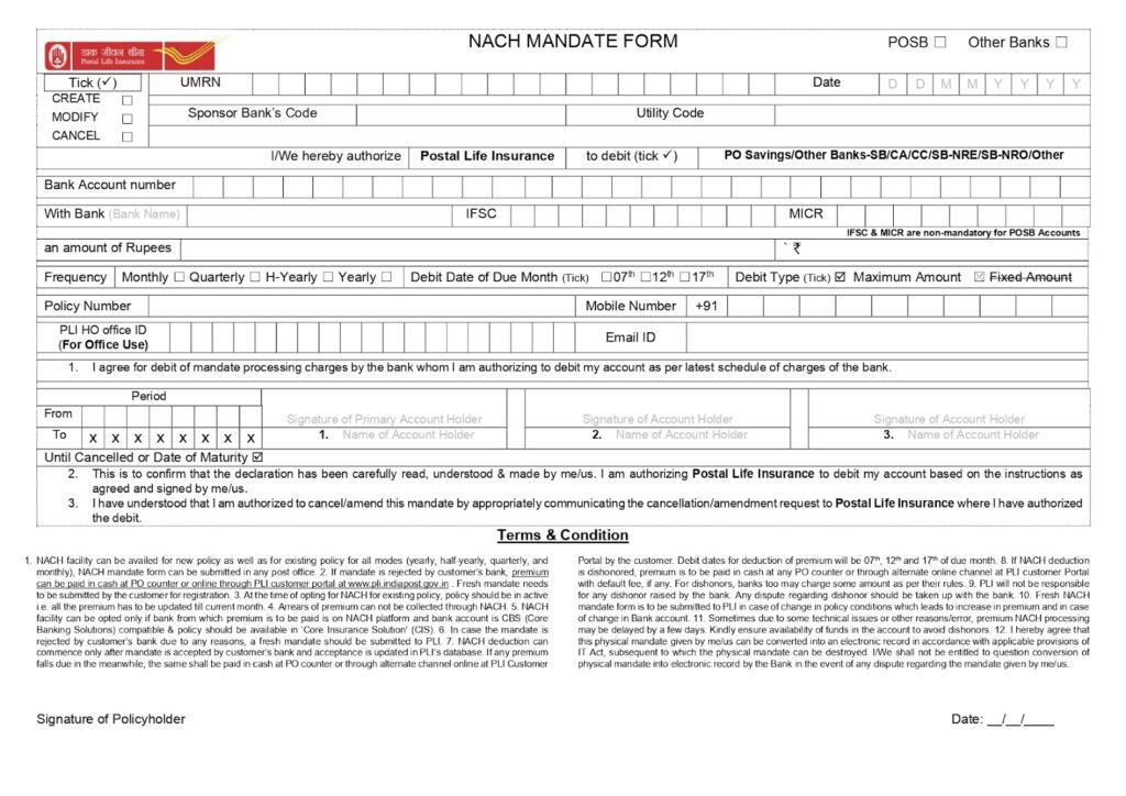 PLI ECS mandate form from SBI