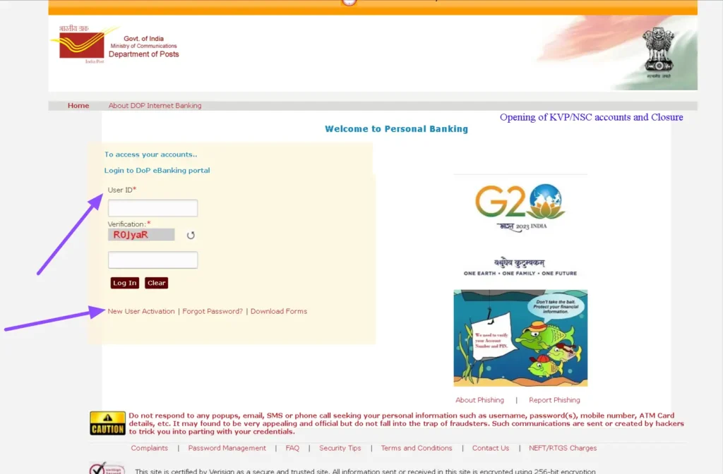 online investment in post office schemes net banking login screen